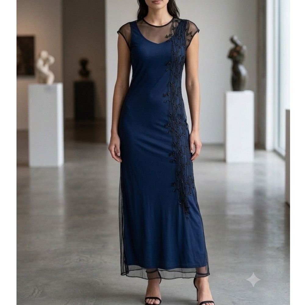 Cynthia Steffe Navy Blue Mesh Overlay Maxi Dress Floral Embroidered Gown Size 4